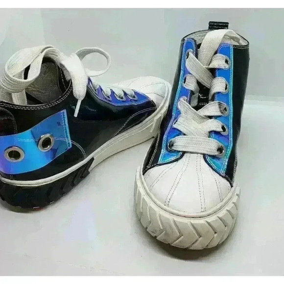 Black Leather Hi Top Sneakers Iridescent Eyelet & Heel D:fuse Scandinavia RARE - Picture 7 of 16